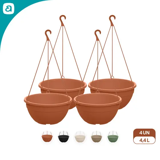 Kit 4 Vasos Cuia N28 4,4L Suspensos com Gancho para Pendurar Plantas Pendente Teto Varanda Samambaia