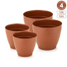 Kit 2 Vasos 7,3L e 2 Vasos 3,6L com Prato Anti-Dengue Plástico Redondo p/ Plantas Interno Externo