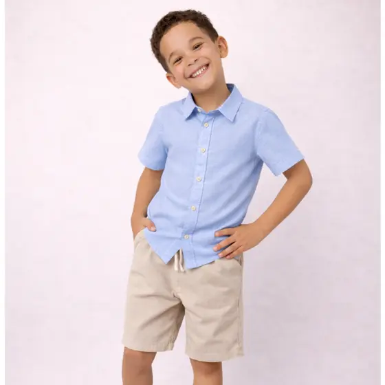 Camisa Social 100% Algodão Infantil Masculina Menino Festa Manga Curta  Linho Botão