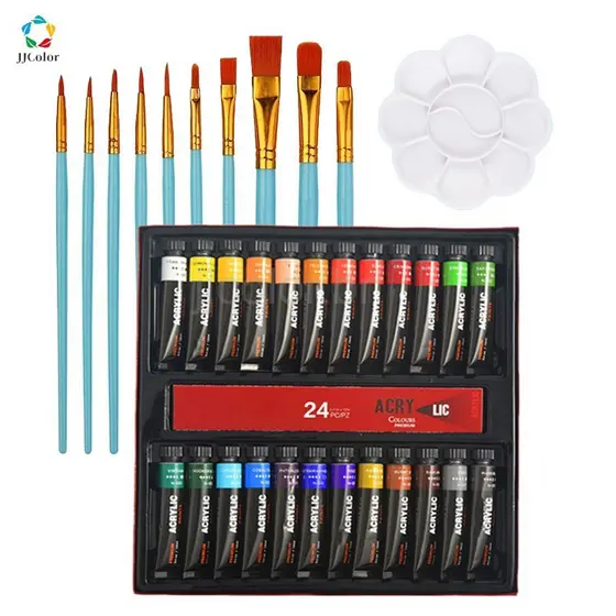 Kit Pintura em Tela Profissional 12/24 Tinta Acrílica Com Pincel E Paleta Prova D'água Kit Desenho