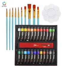 Kit Pintura em Tela Profissional 12/24 Tinta Acrílica Com Pincel E Paleta Prova D'água Kit Desenho