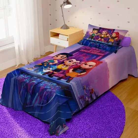 Jogo De Lençol Cobre Leito + Fronha Quarto Infantil Huntrix Guerreiras do K-pop Baby Cute 3D