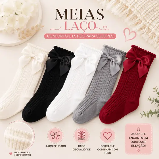Kit 1/2/3/5 Meia Infantil blogueirinha Menina Bebê 3/4 Até Joelho Com Laço Algodão Festa Batizado
