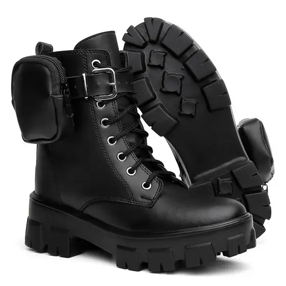 Coturno Feminino Bota Feminina Solado Tratorado Estilo Militar Com Bag Bolsinha Removivel