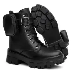 Coturno Feminino Bota Feminina Solado Tratorado Estilo Militar Com Bag Bolsinha Removivel