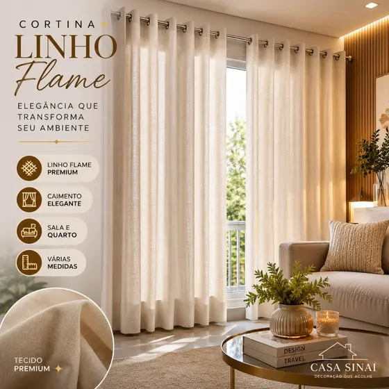 Cortina Linho Flame Premium Sala Quarto Elegante Varão Ilhos Cromado varias Medidas