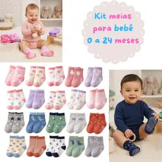 Kit 12, 6 e 3 Pares de Meias Bebê Menina ou Menino Antiderrapantes Confortáveis 0–24 Meses Fofa e delicada.