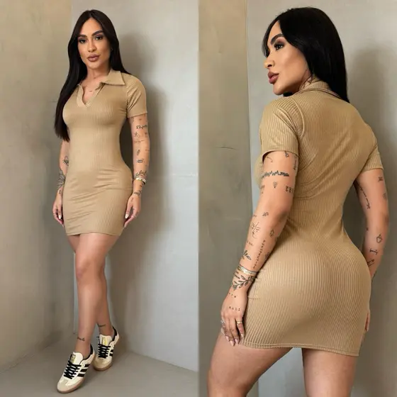 Vestido Gola Polo Bege Tubinho Manga Curta Canelado - P ao G1