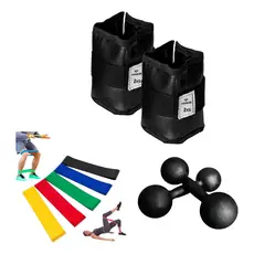 Kit Com Halteres 2kg Ferro + Caneleiras 2kg E Kit Mini Band