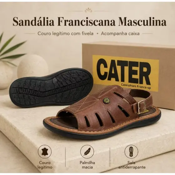 Sandália Franciscana Masculina Couro com Fivela Sola Borracha Confortável