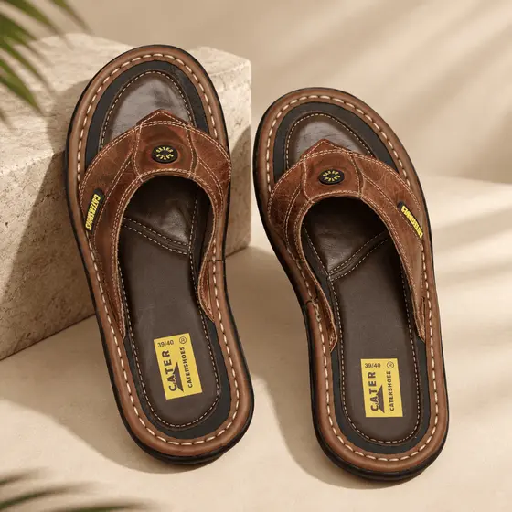 Chinelo Sandália Masculino em Couro Legítimo Sola de Borracha Confortável Casual Catershoes Dia dos Pais