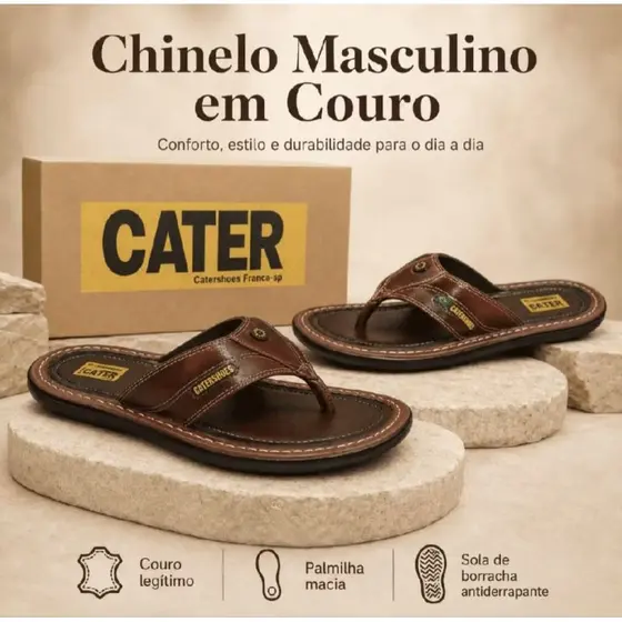 CHINELO CATER  COURO SOLA MACIA DE BORRACHA COR MARROM