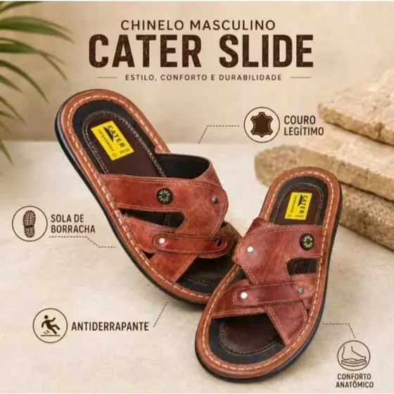 Chinelo Cater  Slide  em Couro Masculino Macio Sola Borracha  Confort