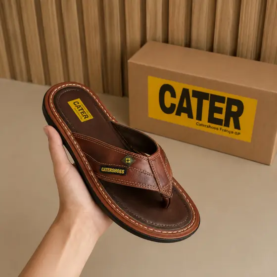 Chinelo Cater em Couro com Caixa Solado de Borracha | Chinelo de Couro Cater Masculino