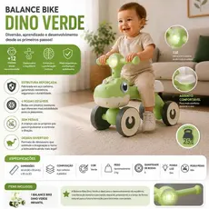 Bicicleta de equilíbrio infantil dinossauro balance bike com luz e 4 rodas sem pedal dino verde