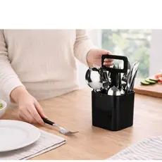 faqueiro 25 peças preta fratelli conjunto talheres inox e plástico com suporte para mesa bancada