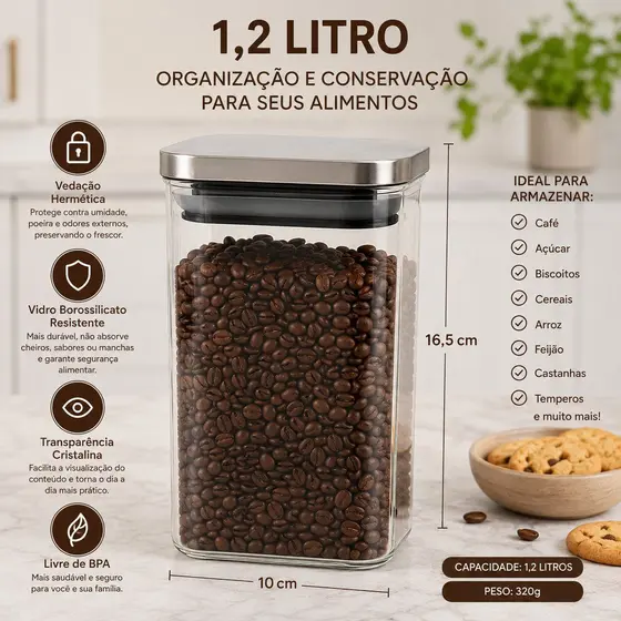 pote hermético retangular de vidro com tampa de inox 1,2L para mantimentos organizador de alimentos