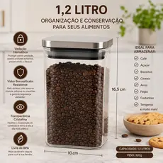 pote hermético retangular de vidro com tampa de inox 1,2L para mantimentos organizador de alimentos