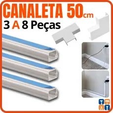 Canaleta Organizador de Fios com Fita Adesiva 50cm Emenda e Cotovelo 20 x 10mm Esconde Fio Cabo