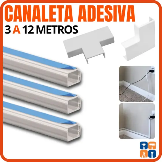 Canaleta Organizadora de Fios 3 a 12 Metros Autoadesiva Esconde Fio Cabos com Conectores e Emendas