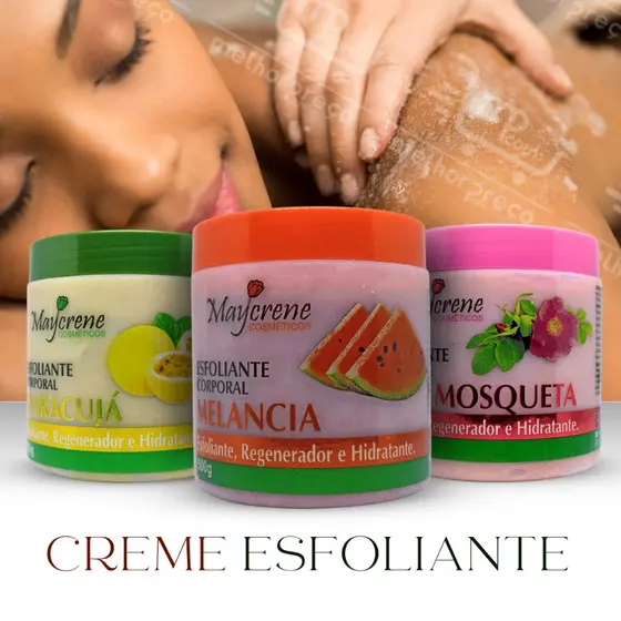 Creme Esfoliante Corporal 500g Maycrene Regenerador e Hidratante Melancia, Maracujá ou Rosa Mosqueta