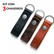 Kit 3 Chaveiros Couro Legítimo Yllenot Artesanal - Cores Preto Café Caramelo - Combo Econômico Presente Masculino Luxo