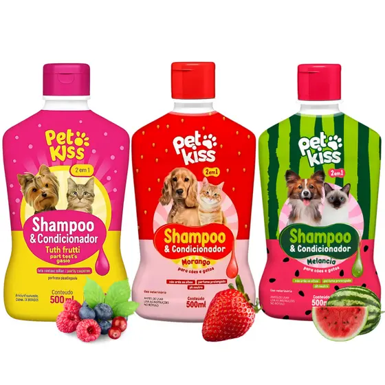 Kit 3 Shampoos Kelldrin 2 em 1 500ml Cães e Gatos Fragrâncias Tutti Frutti Morango Melancia