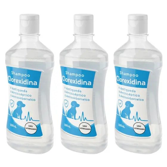 Kit 3 Shampoo Dermatite Seborreica Canina Clorexidina 500ml para Cães e Gatos