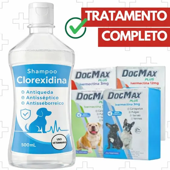 Kit Tratamento Sarna e Micose Canina + Alívio da Coceira | Dogmax 4 Comprimidos +  Shampoo Clorexidina