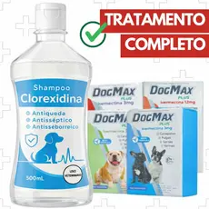Kit Tratamento Sarna e Micose Canina + Alívio da Coceira | Dogmax 4 Comprimidos +  Shampoo Clorexidina