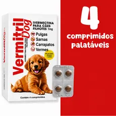 4 comp Antipulgas carrapato sarnas e vermes para cães filhotes Vermitril 1mg
