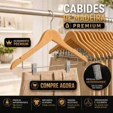 Kit 100 Cabide De Madeira Marfim Com Presilha