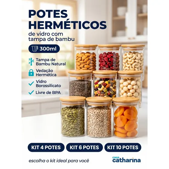 Kits 4|6|10 Potes Herméticos Vidro 300ml Tampa Bambu Vedação Para Temperos Mantimentos e Condimentos