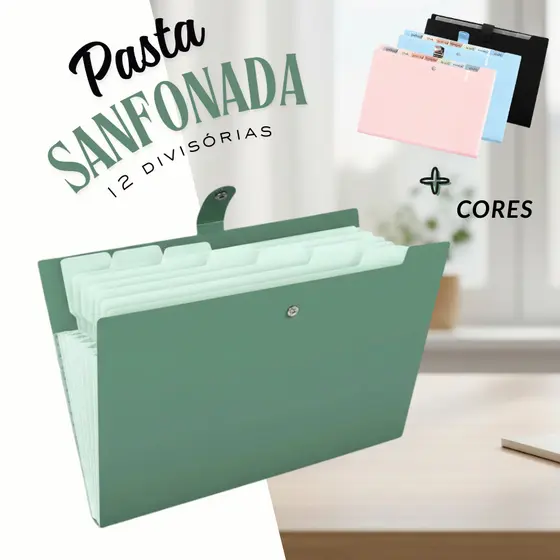 Pasta Sanfonada A4 Organizadora 12 Divisórias Várias Cores