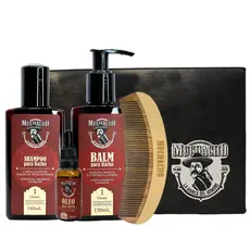 Kit Shampoo + Balm + Oleo para Barba - Muchacho Classic Frasco + Pente de Madeira Muchacho Curvo