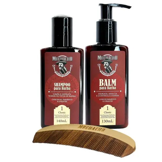 Kit Shampoo para Barba + Balm para Barba + Pente Curvo - Muchacho Classic Frasco