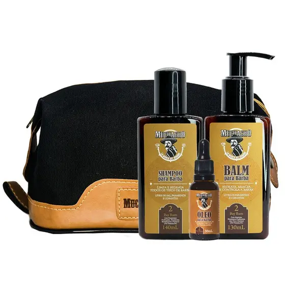 Kit Shampoo + Balm + Óleo para Barba Frasco - Muchacho Bay Rum + Necessaire Muchacho Monterrey