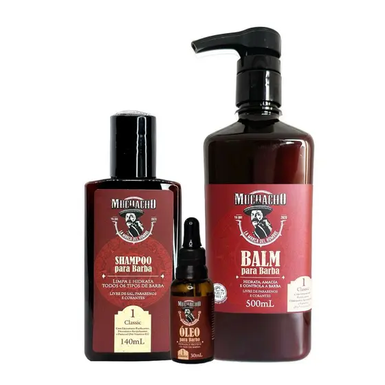 Kit Shampoo para Barba, Balm para Barba de 500g e Óleo para Barba Muchacho Classic