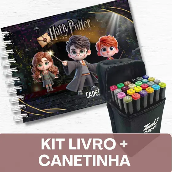 Livro de Colorir H.P  + Canetinhas Estilo com 50 Desenhos