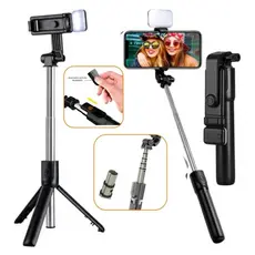 Bastão Retrátil Pau De Selfie Controle Bluetooth Com Luz Led Tripé