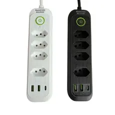 Extensão 4 Tomadas 2 USB E 1 USB-C Cabo 2 Metros Com Botão Para desligar Bivolt