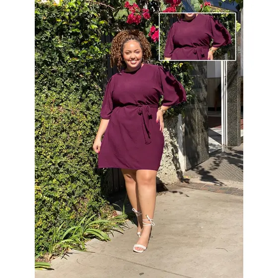 VESTIDO FEMININO TAMANHO ESPECIAL PLUS SIZE COM FAIXA MANGA CURTA BUFANTE ELEGANTE