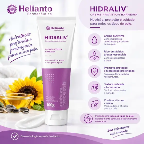 Creme Barreira Hidraliv Helianto 100g Hidratação Profunda Prevenção Lesões Dermatite Fralda Úlcera Pressão Acamados
