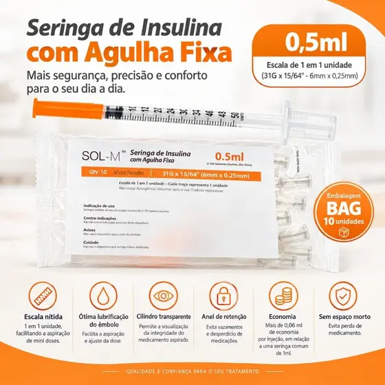 Pack 10 Seringa Insulina 0,5ml Ultra Fine Agulha Fixa Super Fina 6x0,25mm 31G