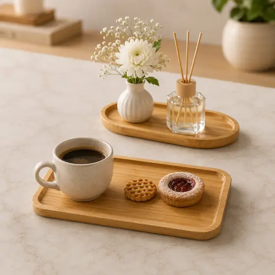 Bandeja de Bambu Natural Decorativa Retangular e Oval Elegante Cafe Mesa Posta Petisqueira