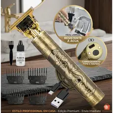 Máquina de Acabamento Profissional Dragão Vintage - Barber Gold Recarregável USB Bivolt + Kit Completo (Envio Imediato)
