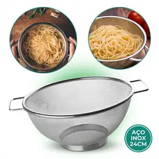 Escorredor de Macarrão Aço Inox 24cm Peneira Coador para Arroz Legumes Frutas com Alças e Base Antiderrapan