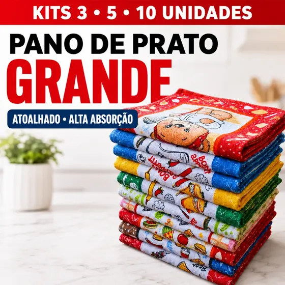 Kit até 10 Pano de Prato Copa Grande Felpudo Atoalhado P/ Pia Louça Estampado Algodão e Poliéster