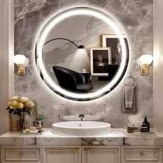 Espelho de vidro  jateado lapidado decorativo redondo 60cm luz led touch luxo