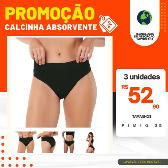 kit 3 Calcinhas Absorventes Menstrual Incontinência Urinária Leve, Calcinha Reutilizável, Anti vazamento, Antibacteriana